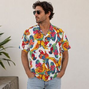 Levis Cubano Mens XL Parrot Tropical Print Short Sleeve Button Down Shirt Multi